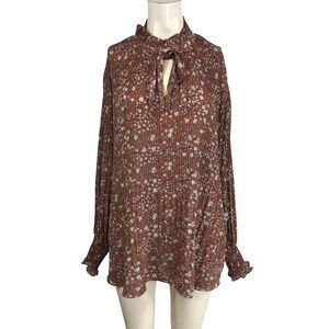 MAX STUDIO Brown Floral Pleated Mock Neck Tie Neck Blouse Top 2X
